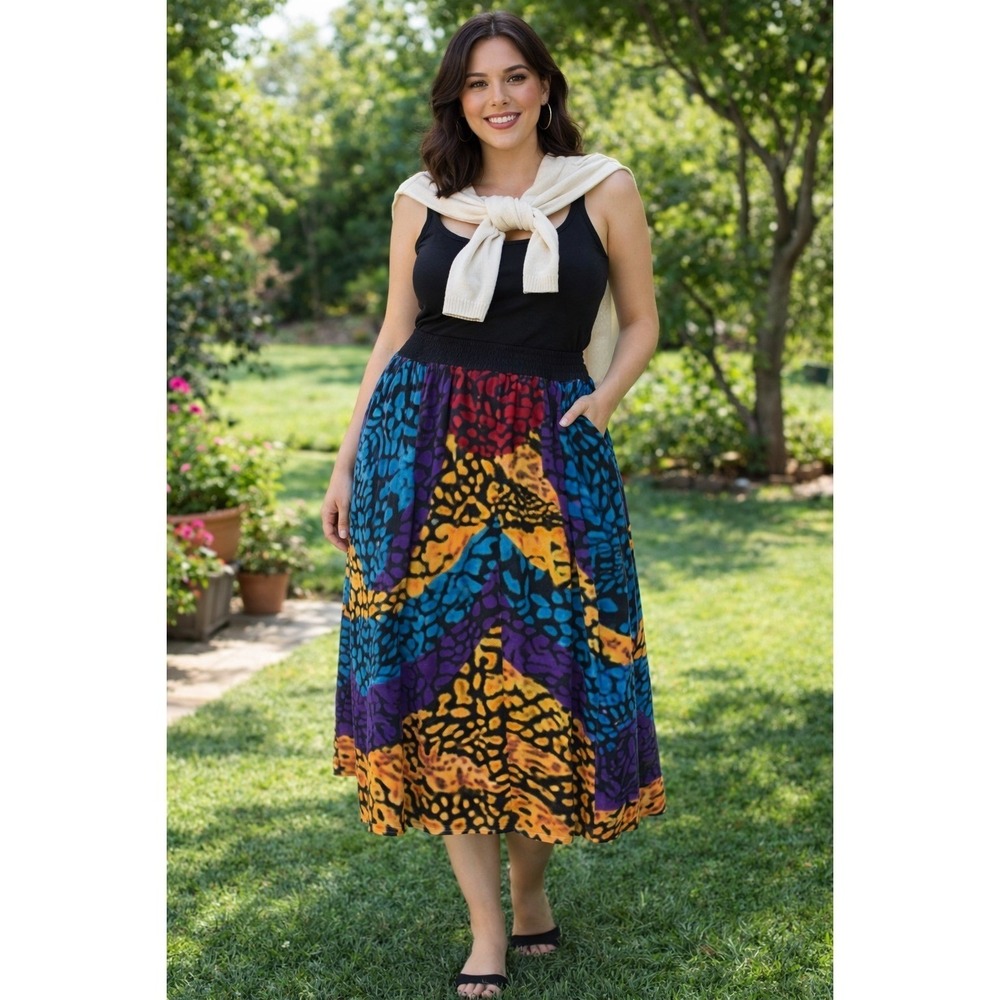 ASHRO Size 2X Blue, Purple, Gold and Green Lined Sheer Skirt Gypsy Boho Chic